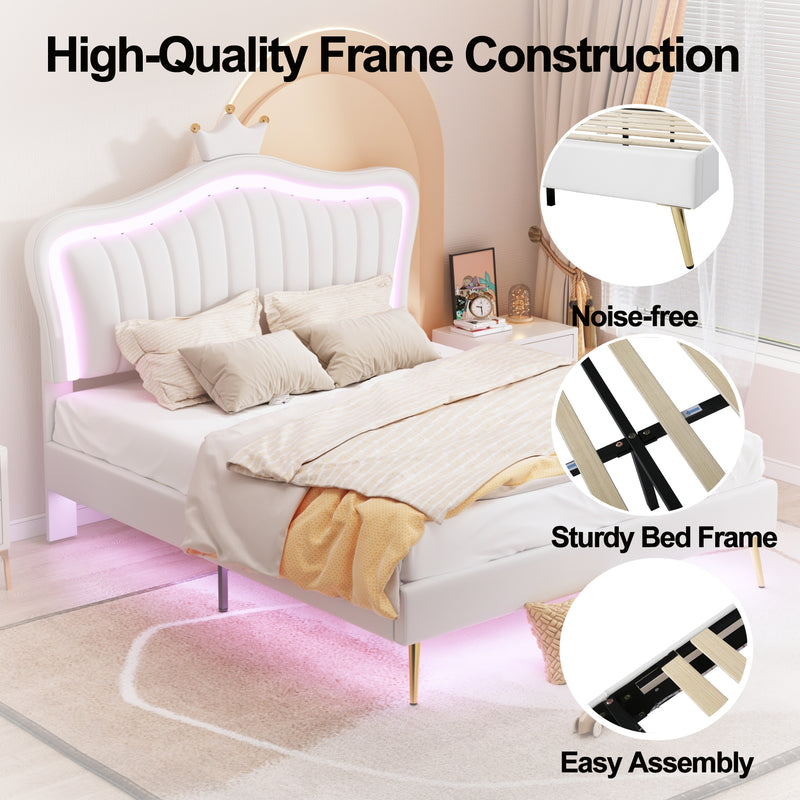 Queen Size Upholstered Bed Frame with LED Lights Modern Upholstered Princess Bed With Crown Headboard White Atlantic Fine Furniture Inc