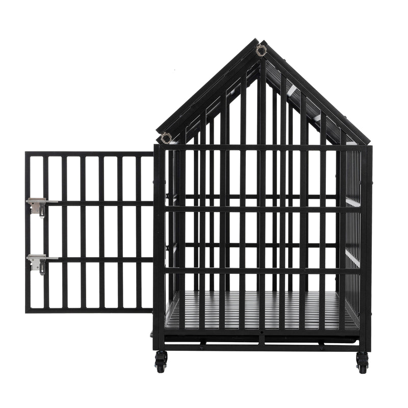 Heavy Duty Dog Crate Large Dog Cage Strong Metal Dog Kennels And Crates For Large Dogs With 4 Lockable Wheels - Black