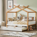 Wooden House Bed Original Wood Colored Frame With Bookshelf Storage Space