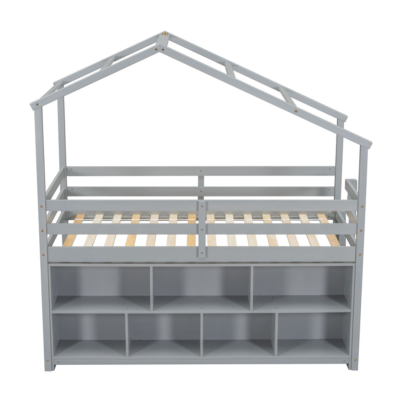 House Loft Bed With Roof Frame, Under Bed Shelving Storage Unit, Guardrails, Ladder