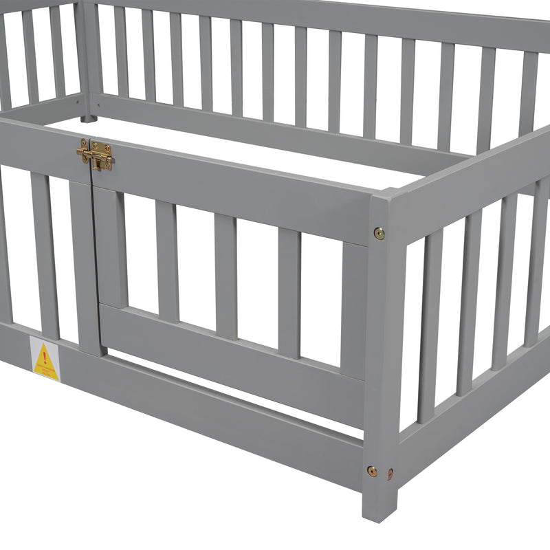 Full House-Shaped Headboard Floor Bed with Fence ,Grey