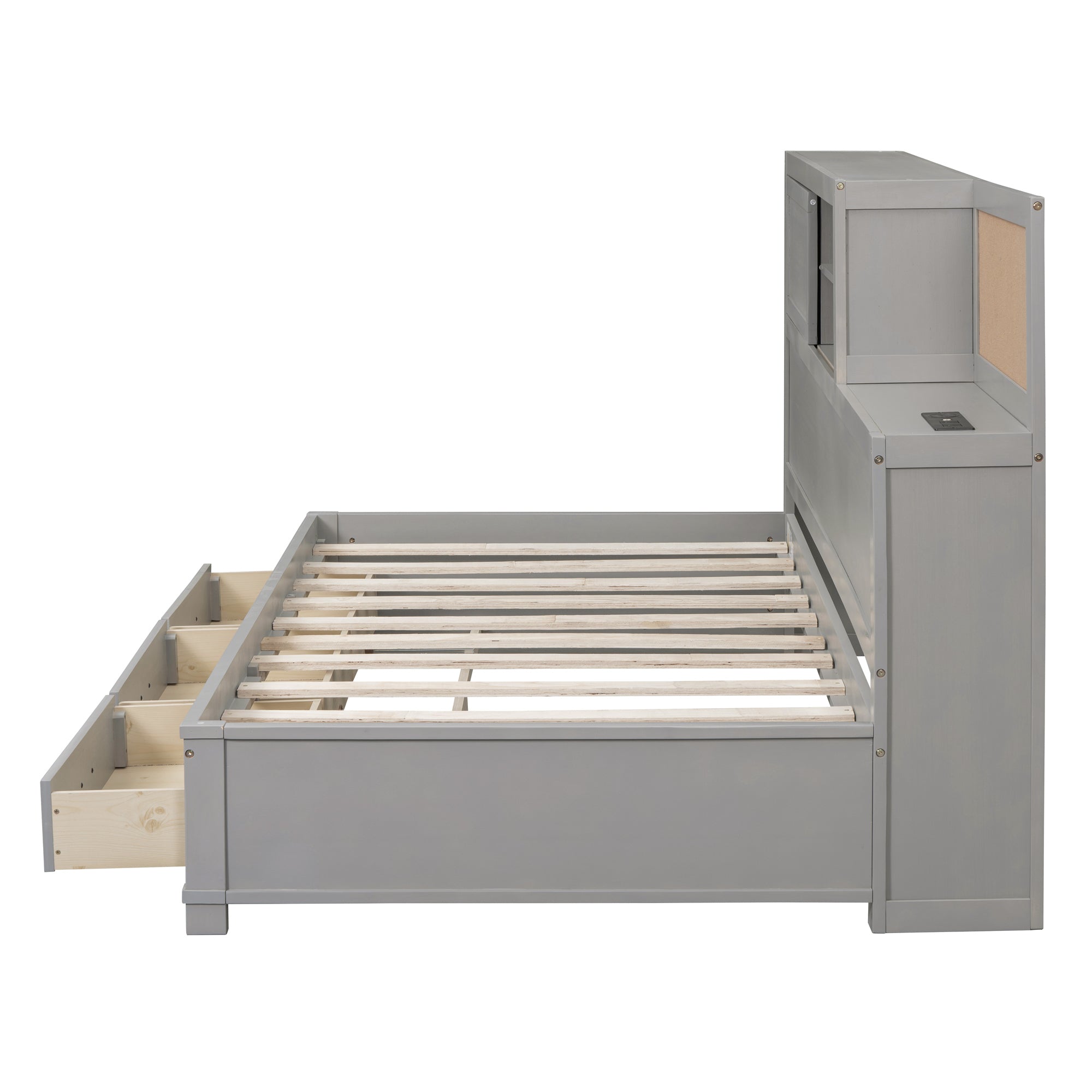 Twin Size Wooden Daybed with 3 Storage Drawers, Upper Soft Board, shelf, and a set of Sockets and USB Ports, Gray - Atlantic Fine Furniture Melbourne FL