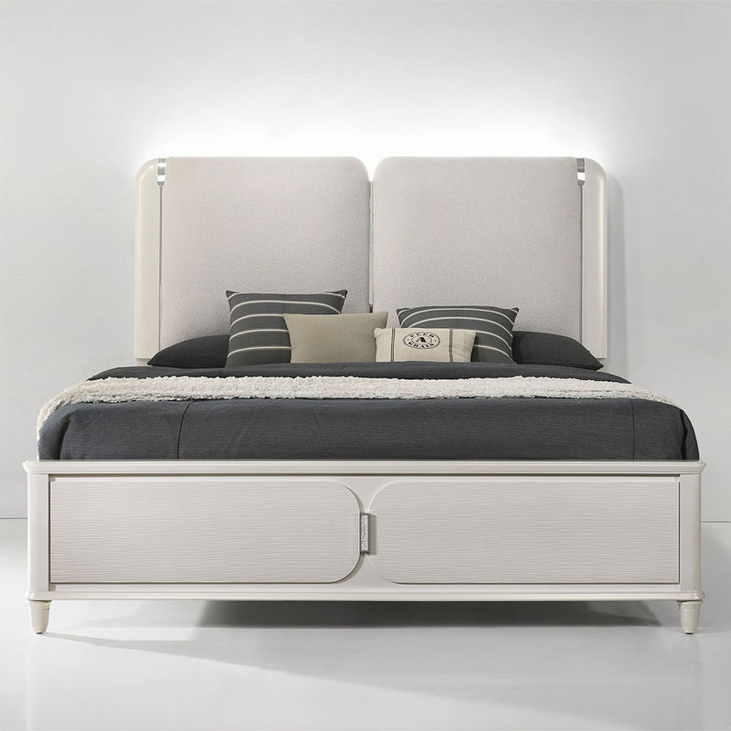 Laveda - Eastern King Bed With LED - Light Gray Boucle & Pearl White Finish