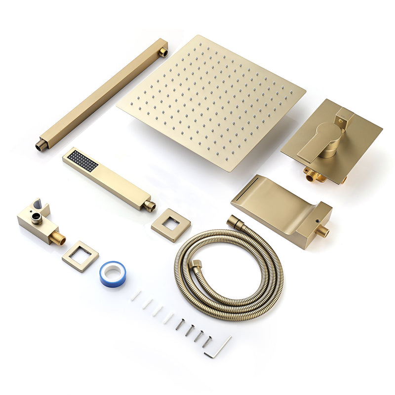 Luxury Bathroom Shower System With 12" Rain Shower Head Handheld Mixer - Brushed Gold