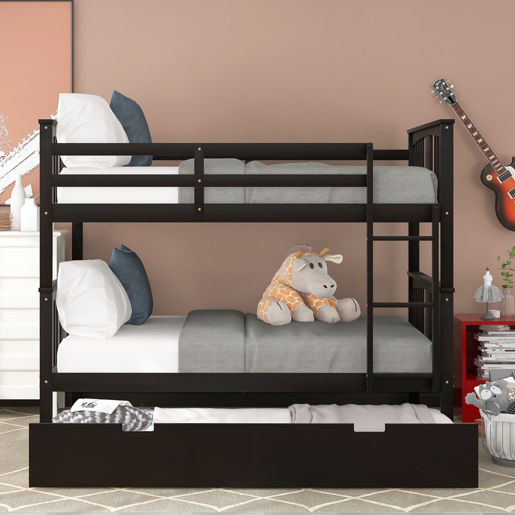 Full over Full Bunk Bed with Twin Size Trundle and Ladder-White(Old SKU: LP000204AAP) - Atlantic Fine Furniture Melbourne FL