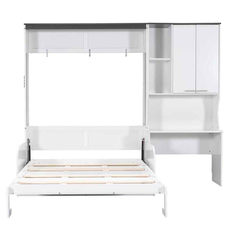 Multi Functional Murphy Bed With Sofa, Desk, And Storage Cabinet, Queen Size - White