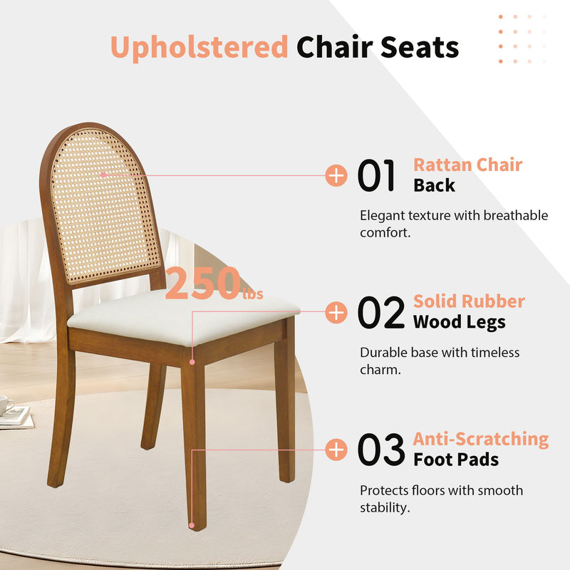 Modern Double Pedestal 6 Piece Dining Table Set, 4 Upholstered Rattan Back Dining Chairs And Bench