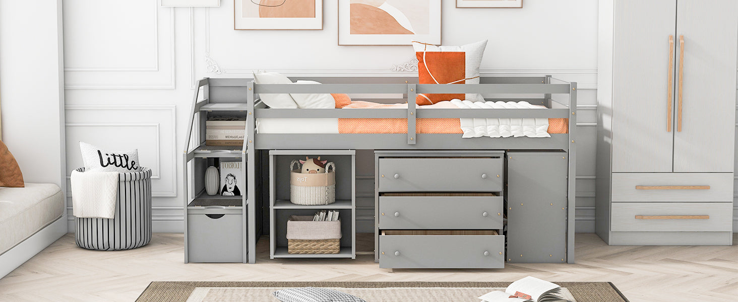 Twin Size Loft Bed with Retractable Writing Desk and 3 Drawers, Wooden Loft Bed with Storage Stairs and Shelves, Gray - Atlantic Fine Furniture Melbourne FL