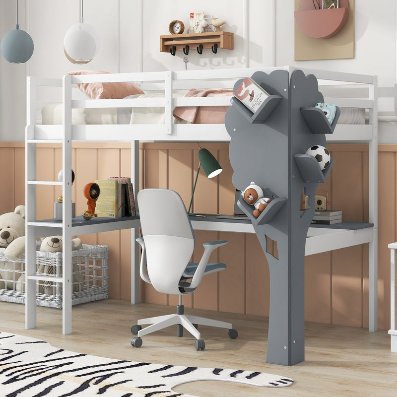 Twin Size Loft Bed with L-shaped Desk,Tree Shape Bookcase and Charging Station, White+Gray