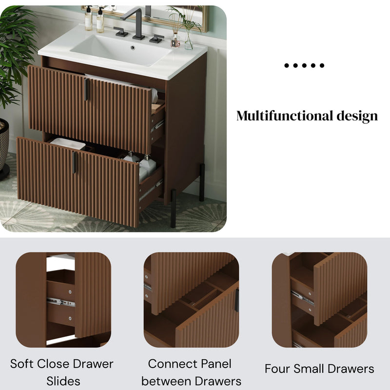 Fluted Bathroom Vanity With Ceramic Sink, Freestanding Design