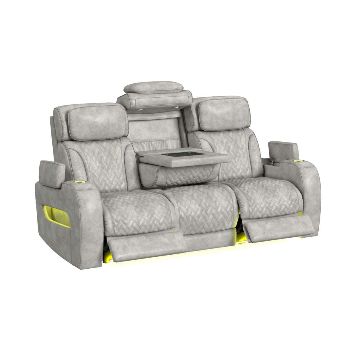 Prime Time P3 Sofa With Ddt, 3.0 Table, 7 Colors (Led And Cup Holders), Reading Light, Vibration, Speaker, And Heat Massage in Leather Gel Light Gray by Elements International, view 4