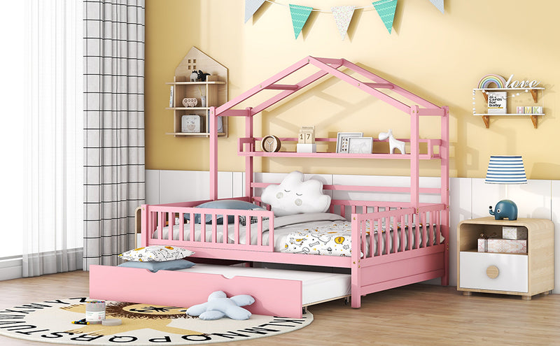 Wooden Full Size House Bed with Twin Size Trundle,Kids Bed with Shelf, Pink