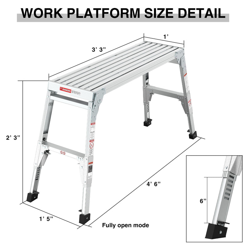 Aluminum Work Platform Large Size Step Stool Folding Portable Work Bench 40" Width Telescopic Feet Height Adjustable - Gray