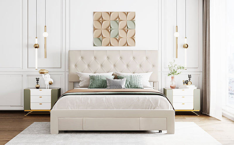 Queen Size Storage Bed Velvet Upholstered Platform Bed with a Big Drawer - Beige
