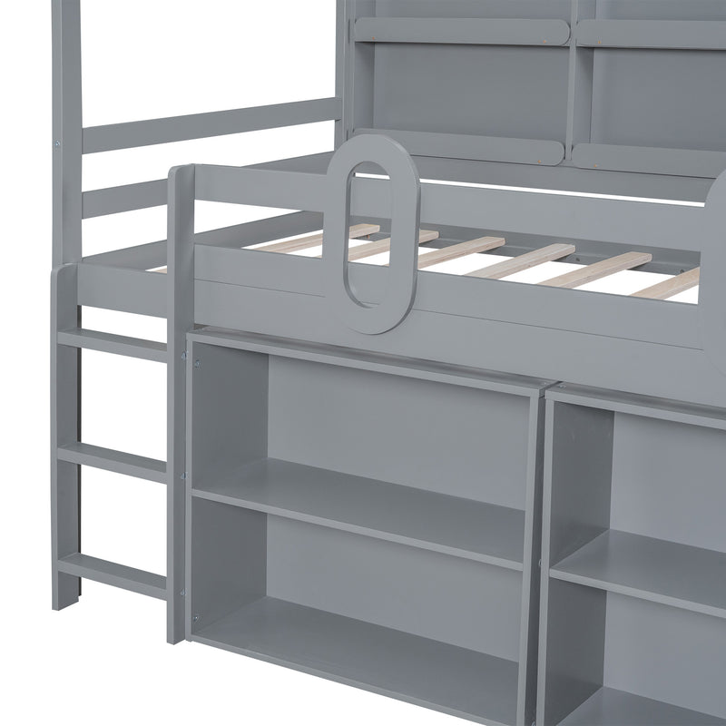 Twin Size House Loft Bed with Multiple Storage Shelves, Grey