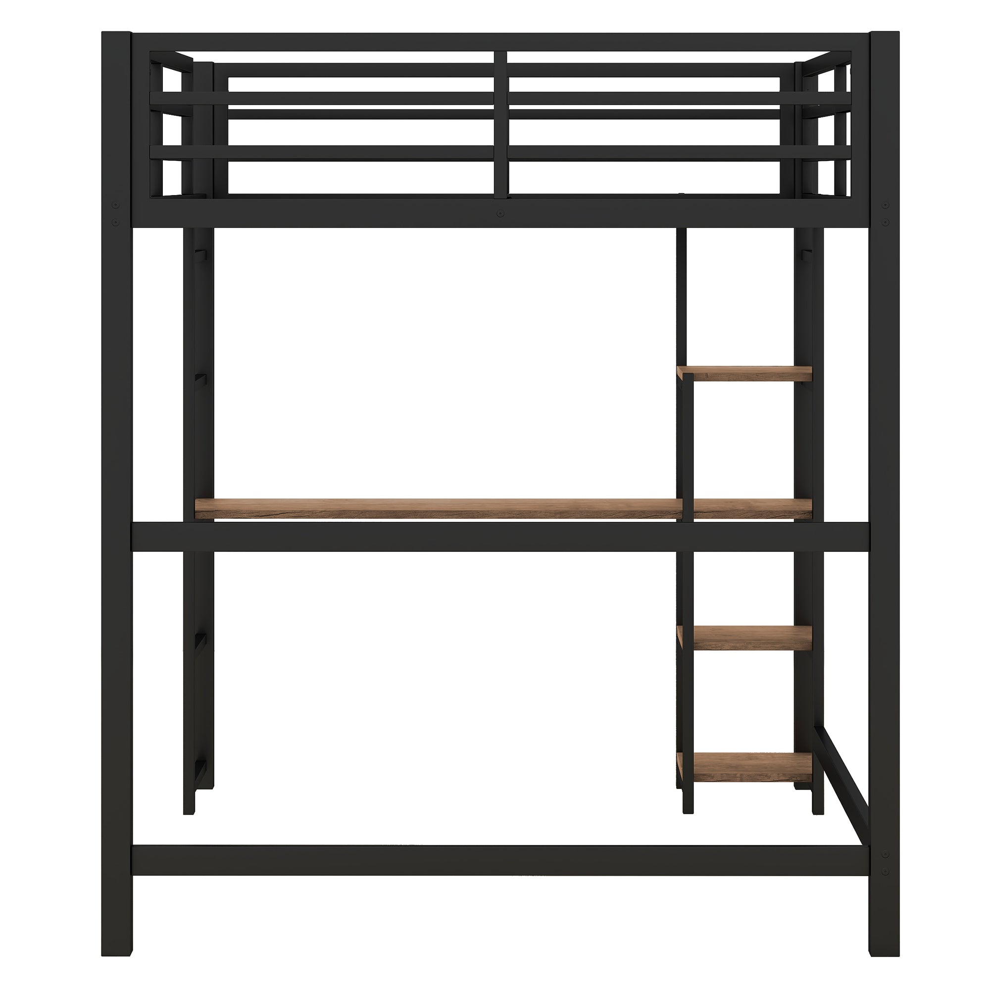 Full Size Metal Loft Bed with Built-in Desk and Storage Shelves, Black