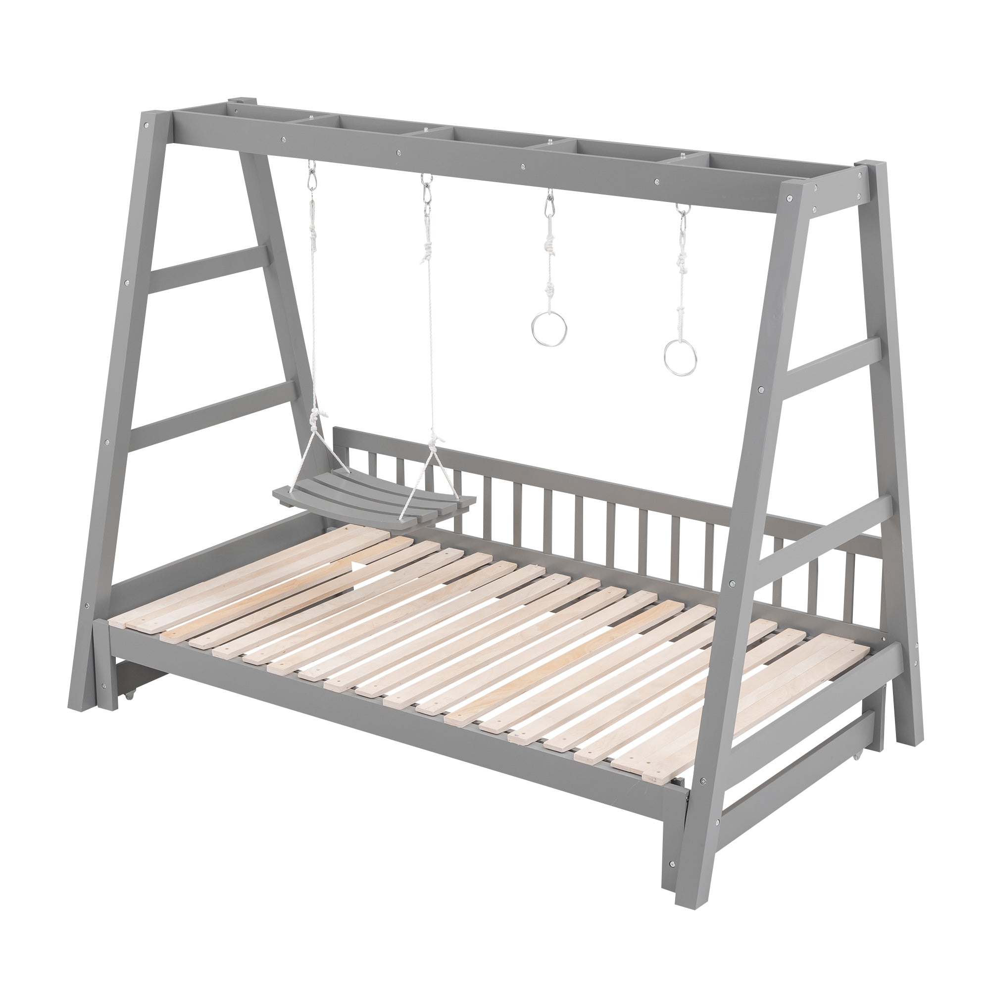 Extendable Twin Daybed with Swing and Ring Handles, Gray(Twin bed can be pulled out to be King) - Atlantic Fine Furniture Melbourne FL