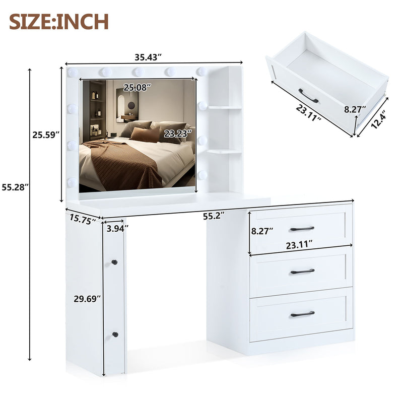 Vanity Desk With Freely Adjustable Side Cabinet, Makeup Vanity With Hollywood Lights, 5 Storage Drawers & 2-Shelves, Modern Dressing Table - White