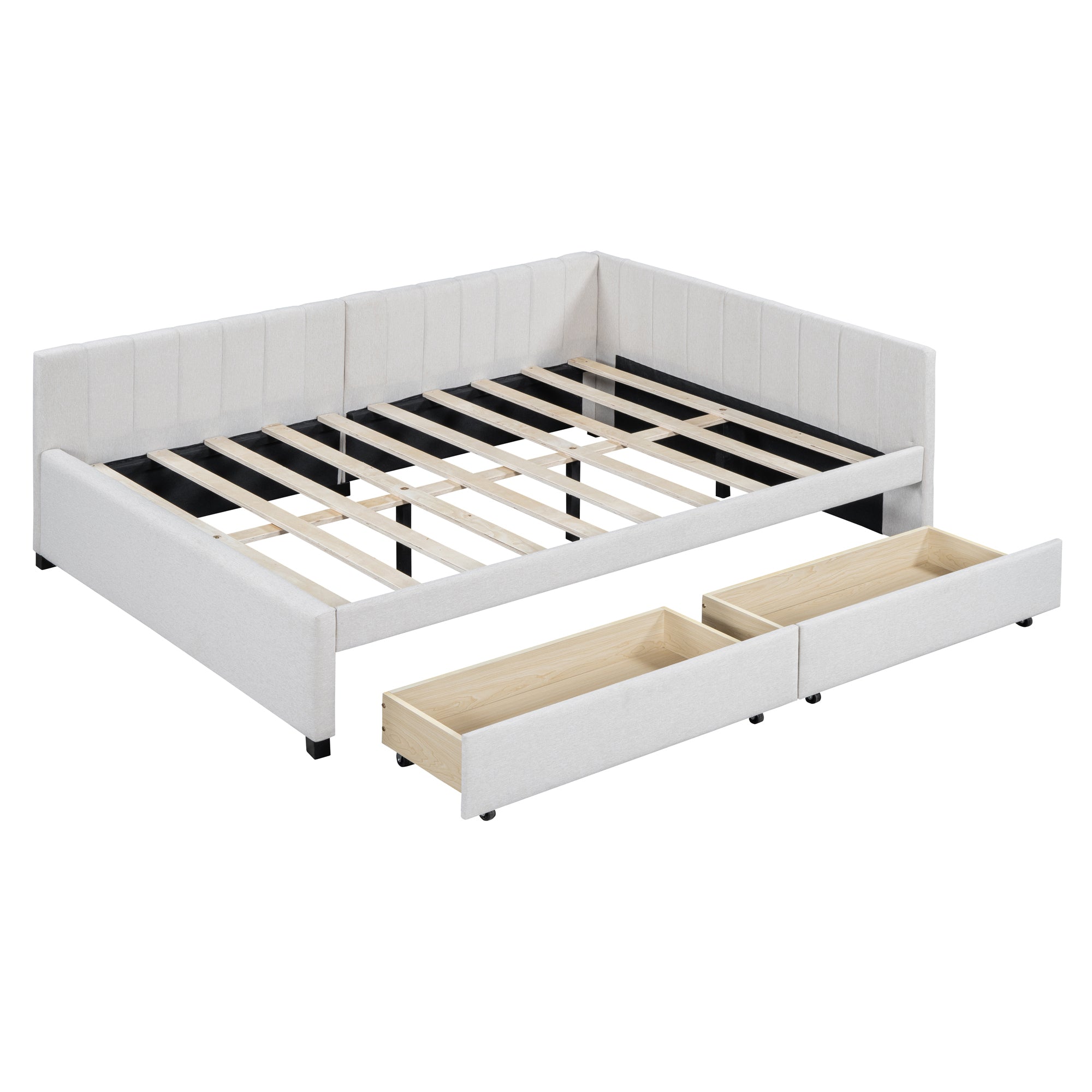 Full Size Upholstered Daybed with 2 Storage Drawers Sofa Bed Frame No Box Spring Needed, Linen Fabric (Beige) - Atlantic Fine Furniture Melbourne FL