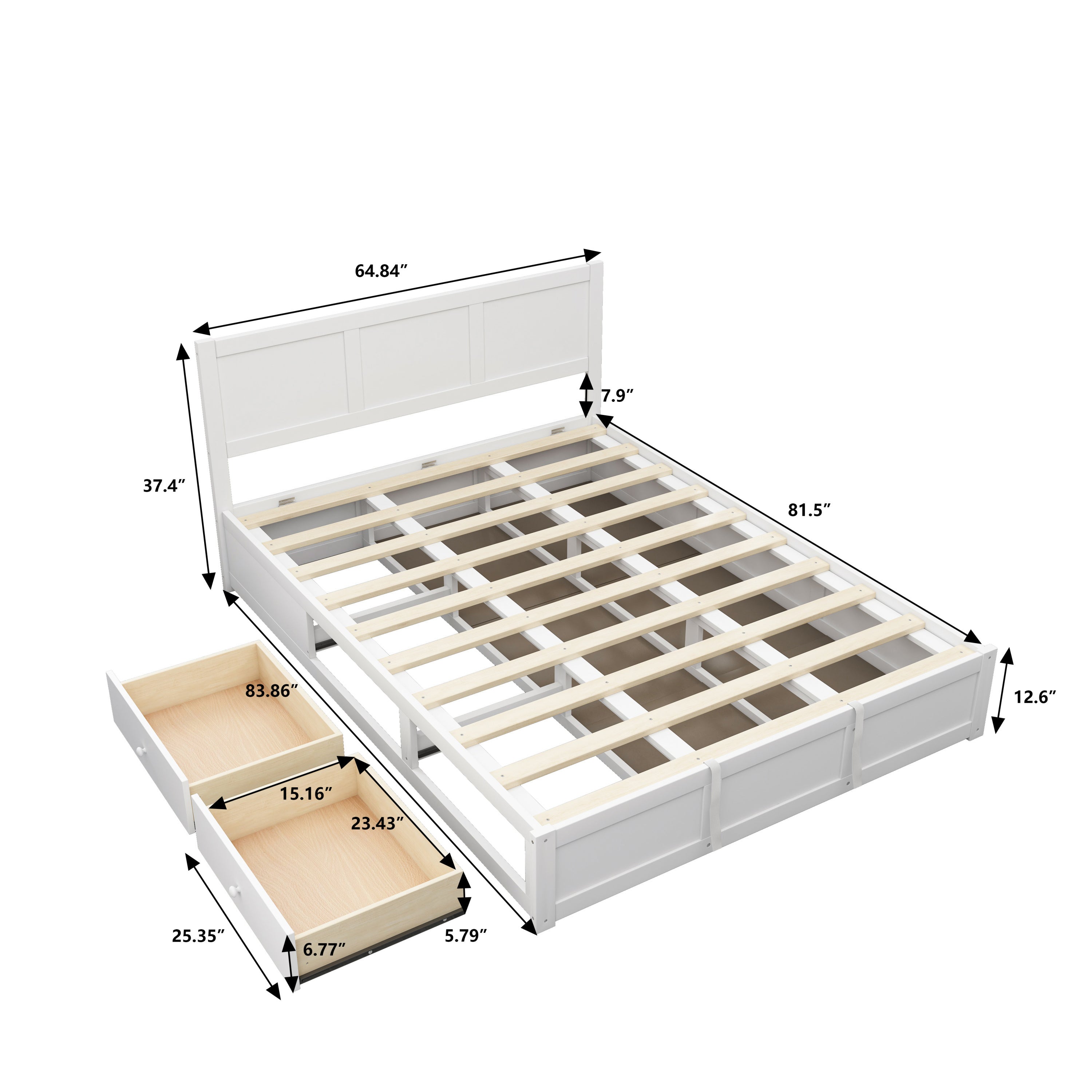 Luxury Queen Size Wood Platform Bed with Hydraulic Storage System and 2 Drawers,Streamlined Headboard & Footboard, White