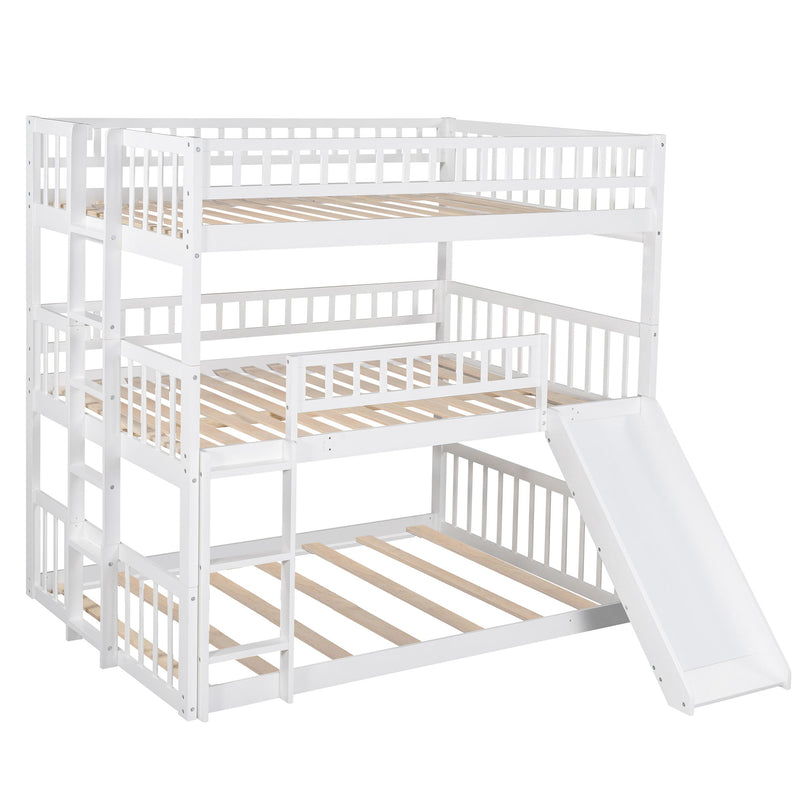 Full Over Full Over Full Triple Bed With Built-In Ladder And Slide, Triple Bunk Bed With Guardrails - White