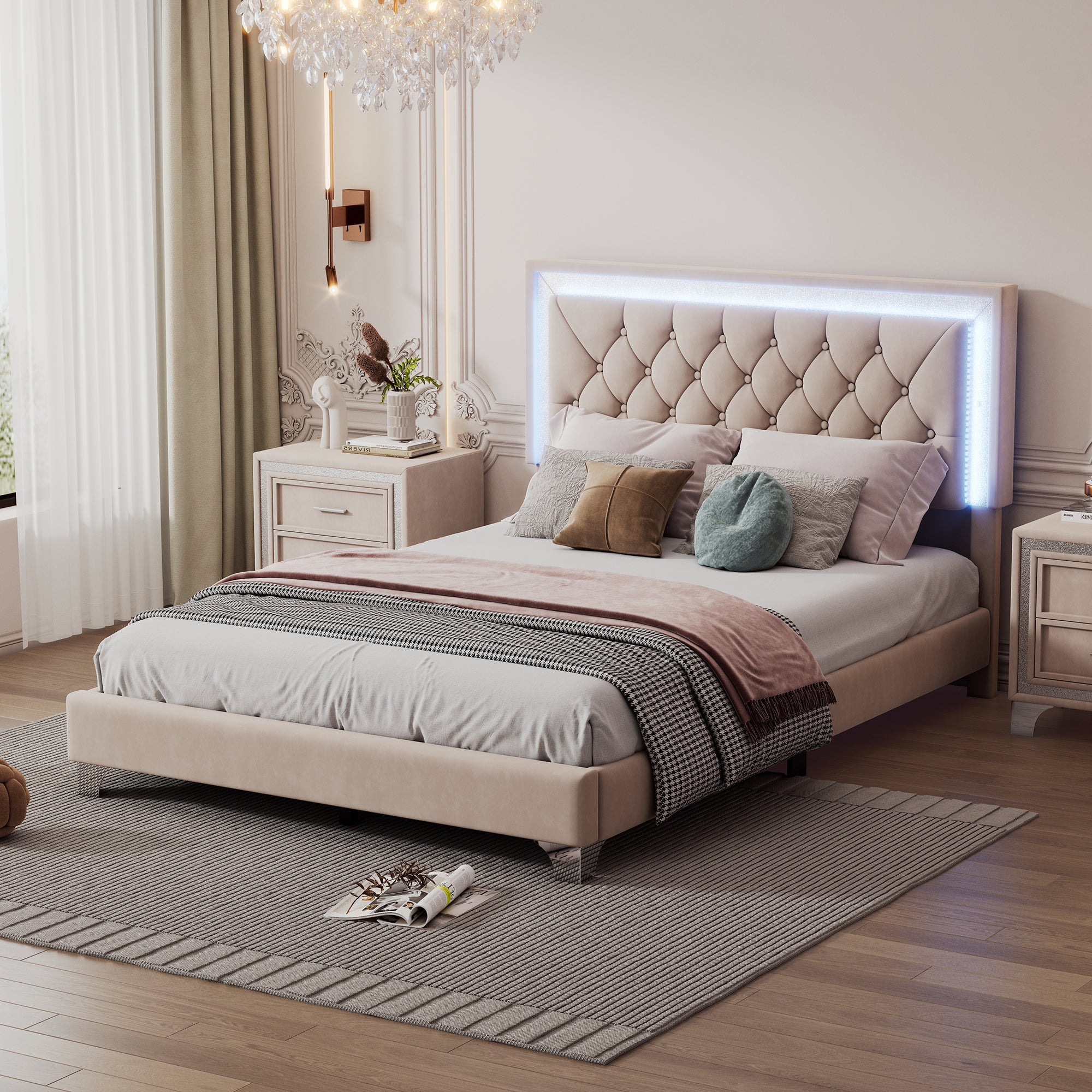 Full Size Upholstered Bed Frame with LED Lights,Modern Velvet Platform Bed with Tufted Headboard,Beige - Atlantic Fine Furniture Melbourne FL