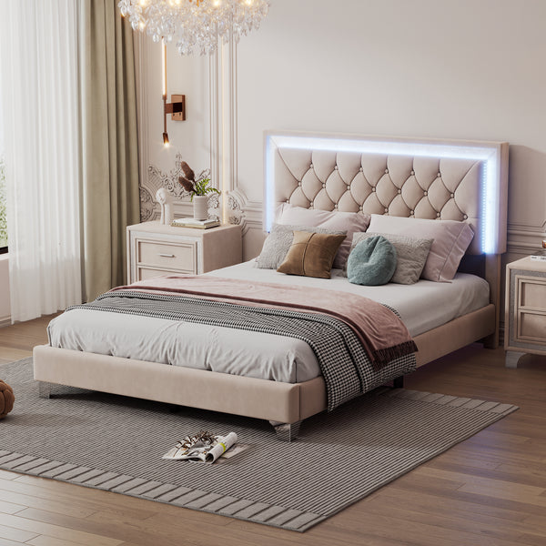 Full Size Upholstered Bed Frame with LED Lights,Modern Velvet Platform Bed with Tufted Headboard,Beige