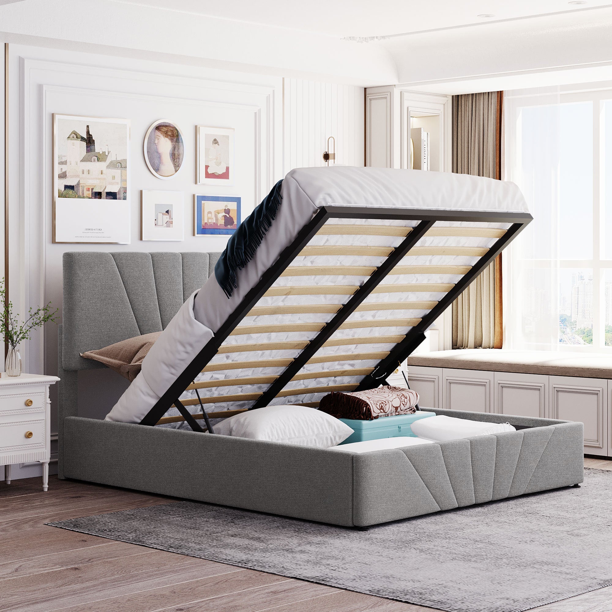Queen size Upholstered Platform bed with a Hydraulic Storage System - Gray - Atlantic Fine Furniture Melbourne FL