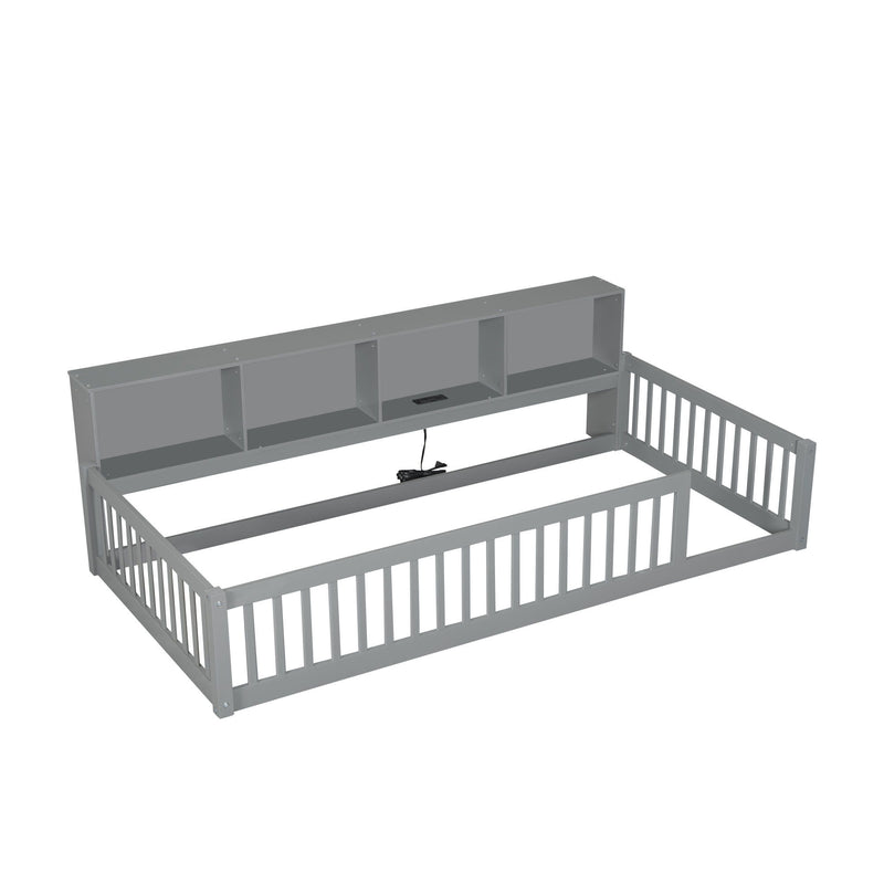 Twin Long Floor Bed With Storage Cabinets And USB Ports - Gray