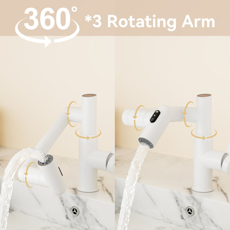 Modern Bathroom Sink Faucet With Spray Function, Temperature Display, Anti Skid Switch, Brass - White