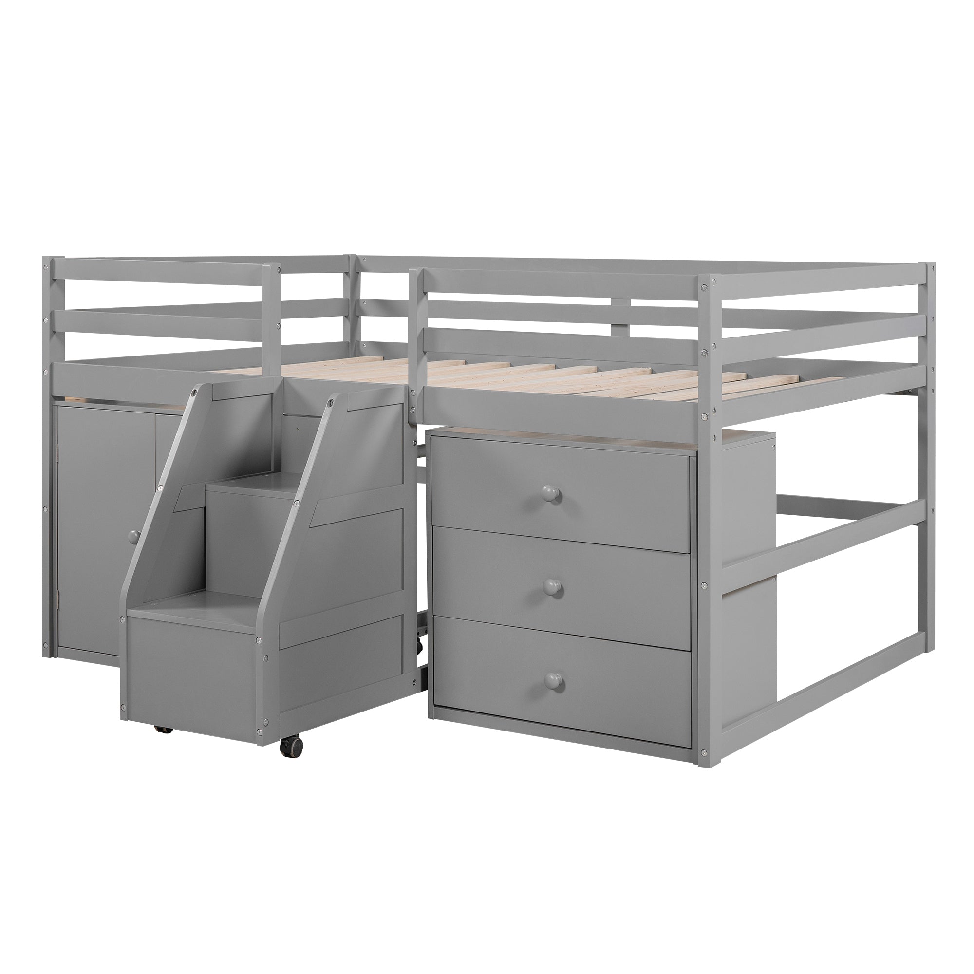 Full Size Functional Loft Bed with Cabinets and Drawers, Hanging Clothes at the back of the Staircase, Gray - Atlantic Fine Furniture Melbourne FL
