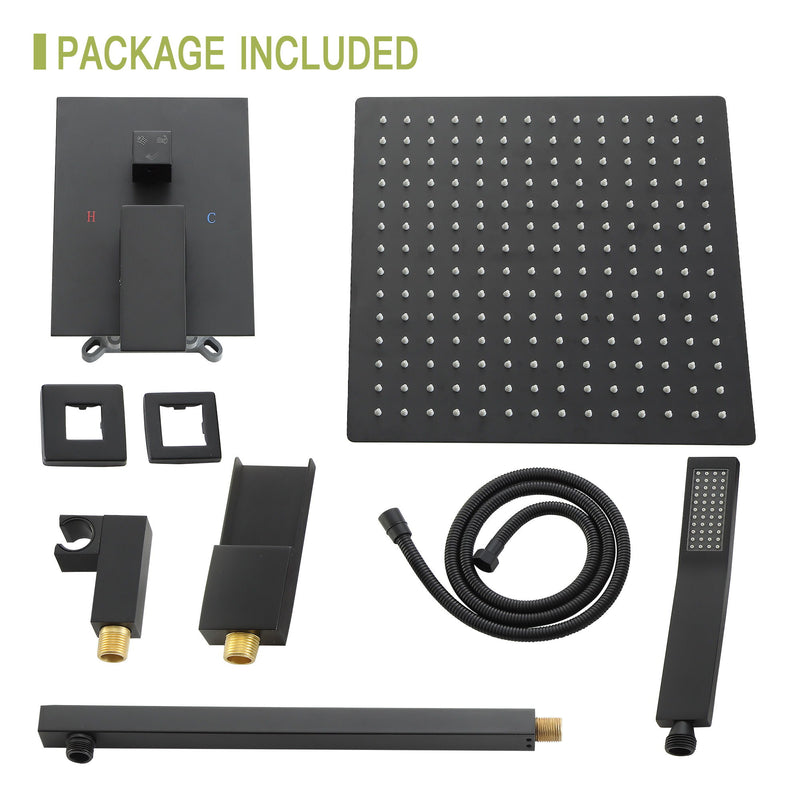 Wall Mounted Square Shower System With Rainfall Tub Spout And Handheld Shower, 10" - Matte Black