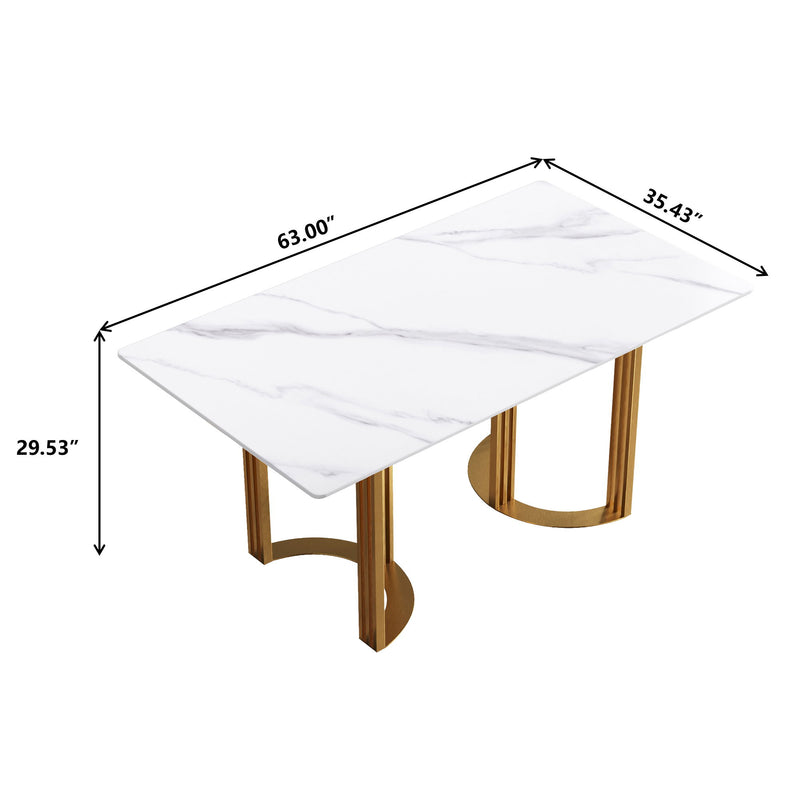 63" Modern Artificial Stone Straight Edge Metal Leg Dining Table, 6 People - White / Gold