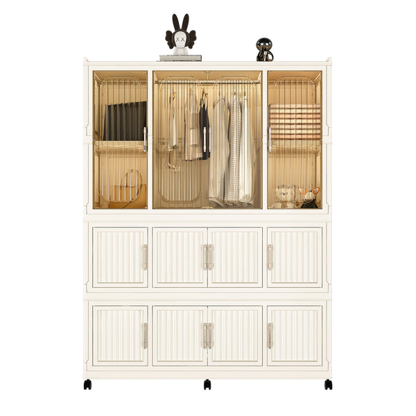 Portable Wardrobe Closet Storage Organizer With 12 Magnetic Doors, 12 Cubes, Hanging Rod & 6 Hangers - Creamy White