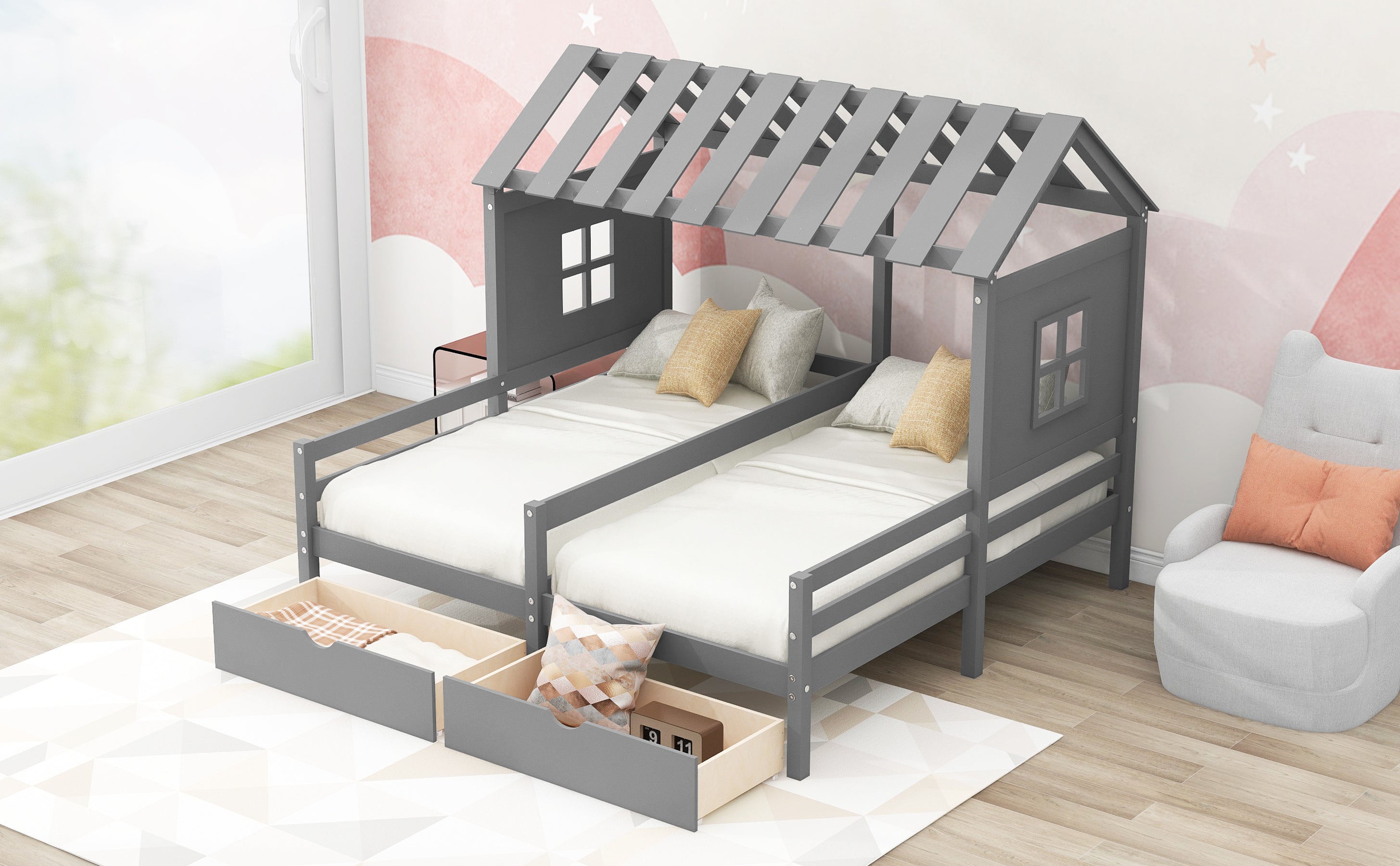 Twin Size House Platform Beds with Two Drawers for Boy and Girl Shared Beds, Combination of 2 Side by Side Twin Size Beds, Gray(old sku: GX000927AAE) - Atlantic Fine Furniture Melbourne FL