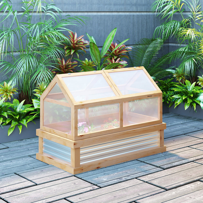 Outsunny - Raised Garden Bed With Polycarbonate Greenhouse, Wooden Garden Cold Frame Greenhouse, Flower Planter Protection, 48" x 24" x 32" - Natural