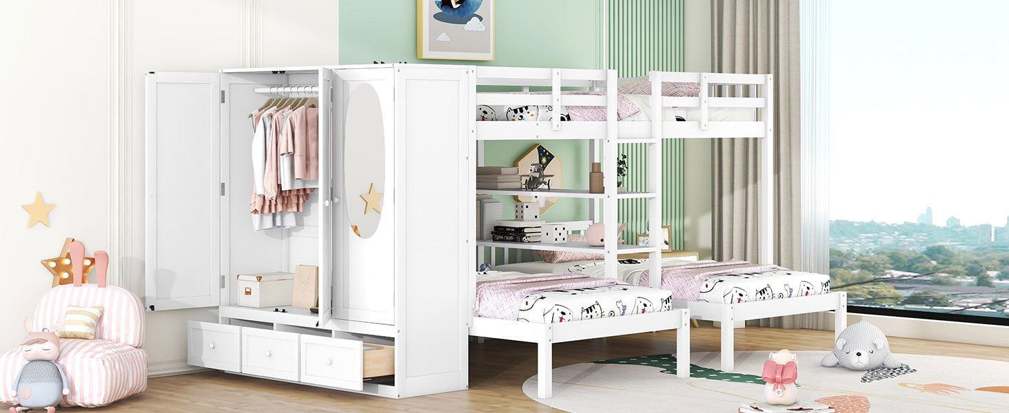 Full-Over-Twin-Twin Bunk Bed with Shelves, Wardrobe and Mirror, White - Atlantic Fine Furniture Melbourne FL
