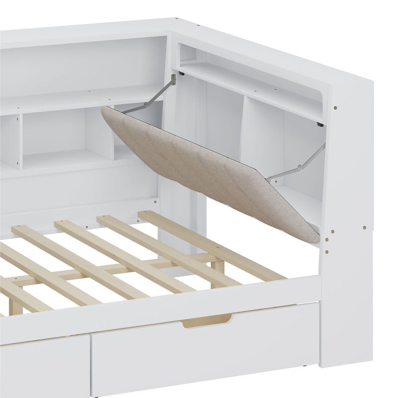 L Shaped Daybed With Desk, Bookcase, Upholstered Headboard, Drawers, And LED Light
