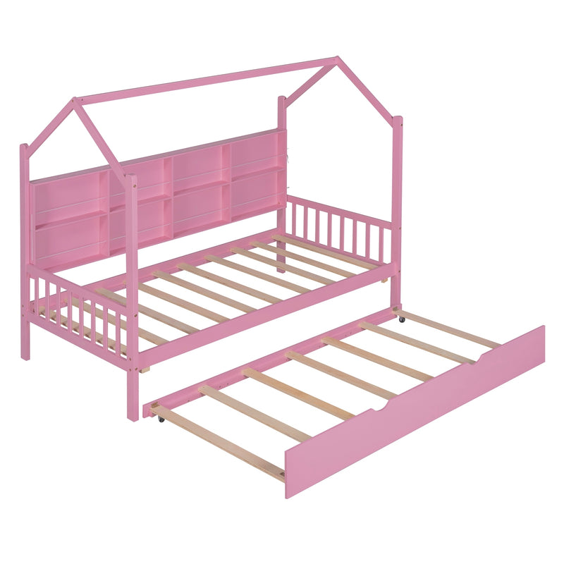 Wooden Twin Size House Bed with Trundle,Kids Bed with Shelf,Pink