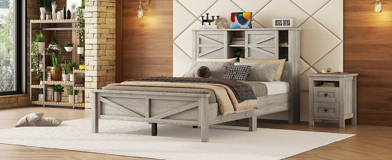 Farmhouse Platform Bed with Double Sliding Barn Door Full Size Rustic Wood Bed with Charging Station Wood Slats Support Antique Gray