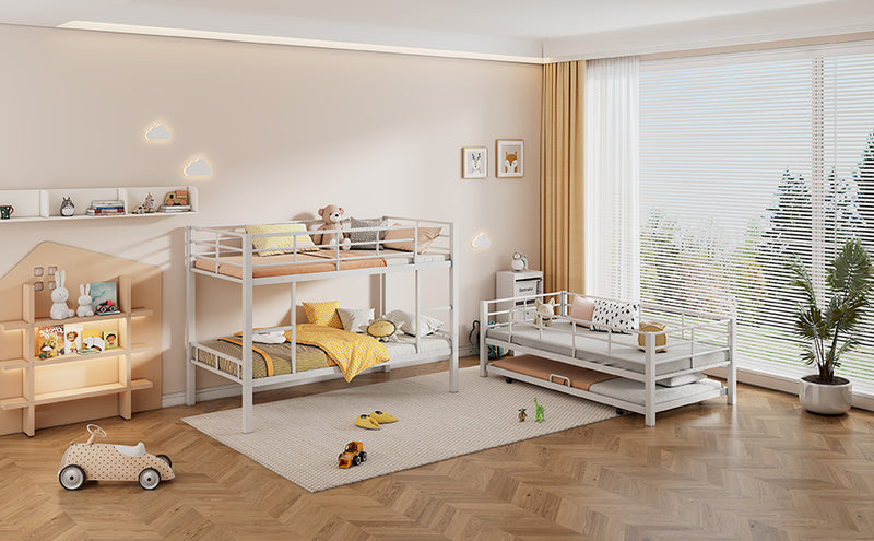 Metal Twin Size Triple Bunk Bed With Trundle, White