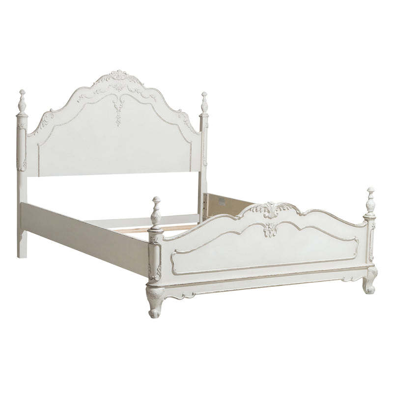 Victorian Style Antique White Queen Bed 1pc Traditional Bedroom Furniture Floral Motif Carving Classic Look Posts