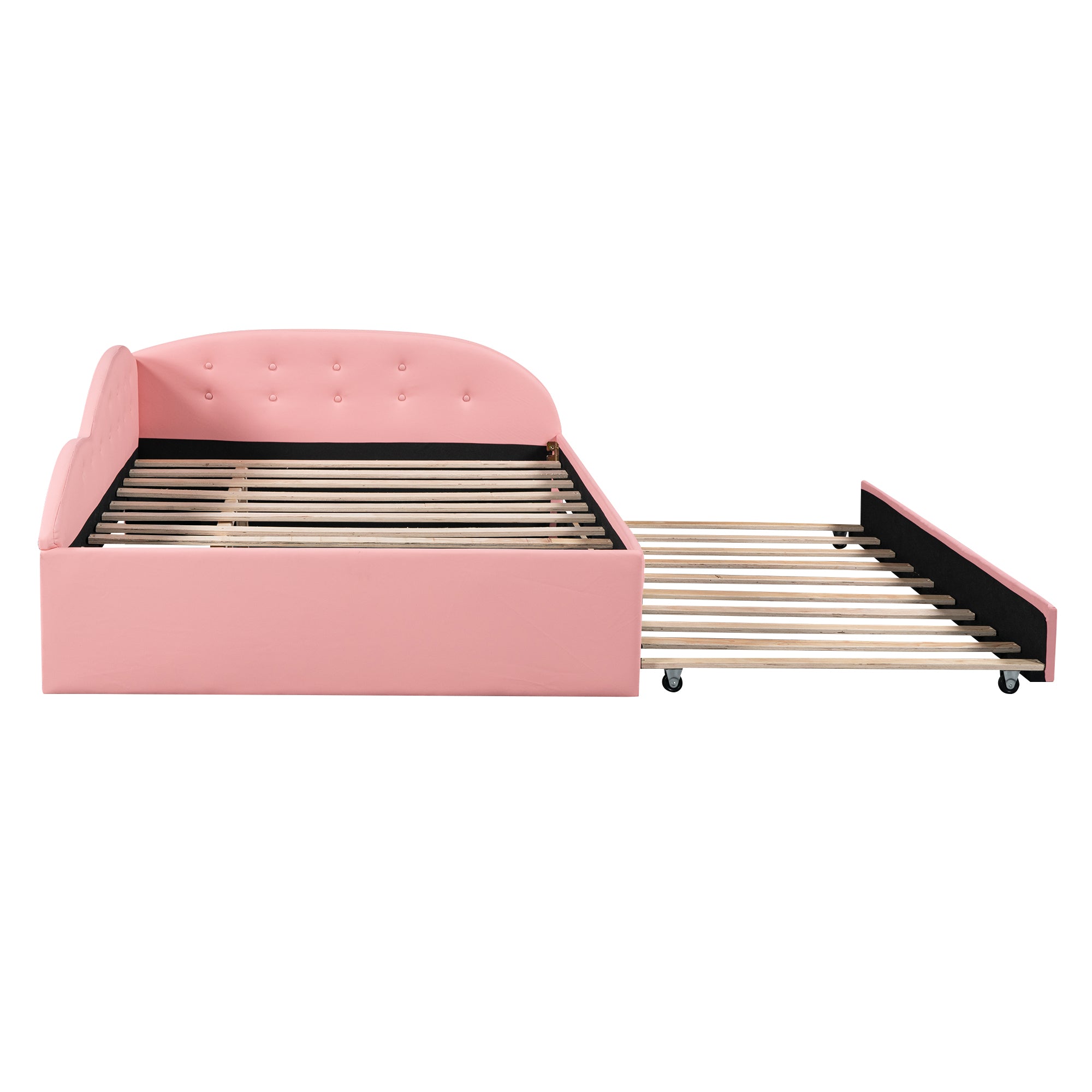 Full Size PU Upholstered Tufted Daybed with Trundle and Cloud Shaped Guardrail, Pink - Atlantic Fine Furniture Melbourne FL