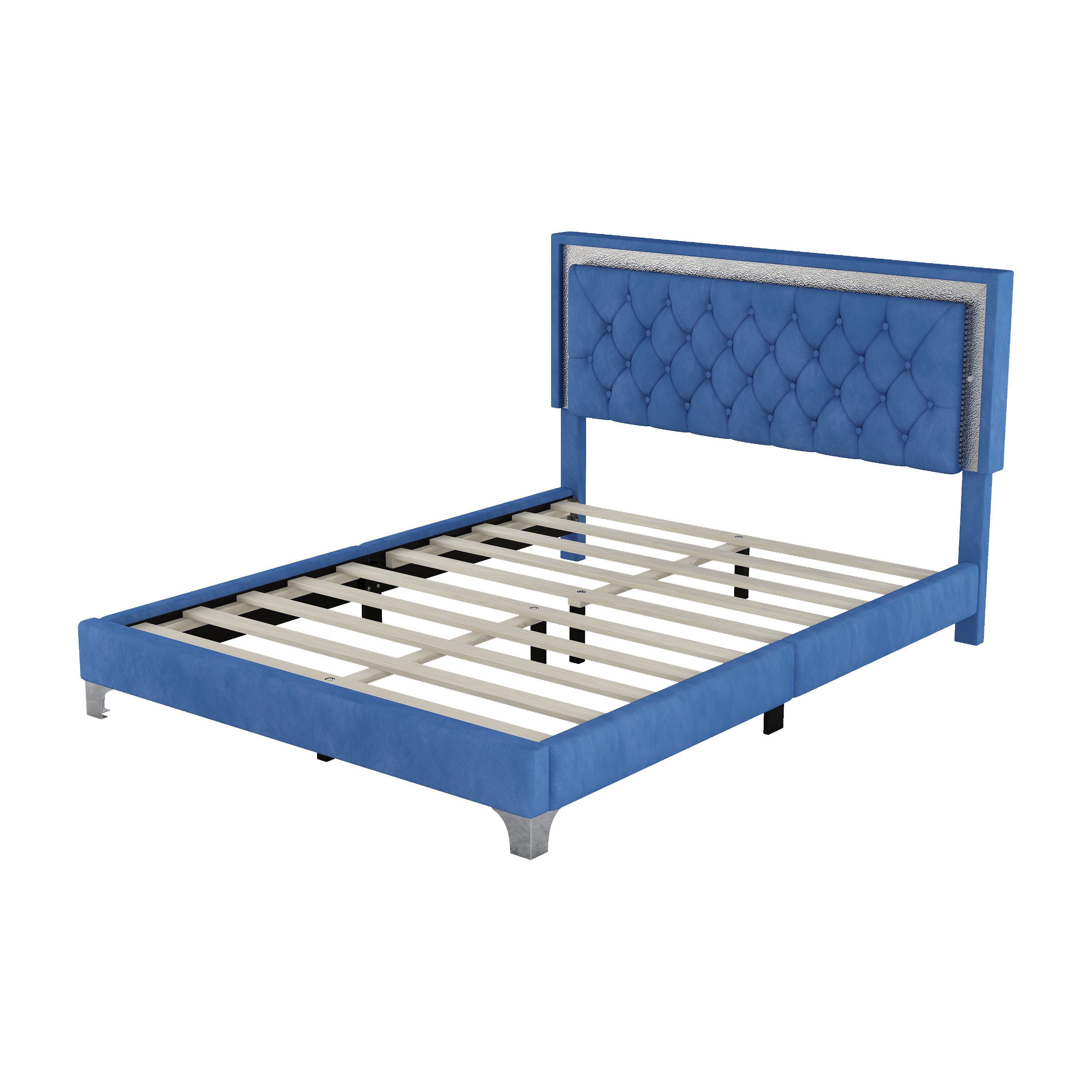Queen Size Upholstered Bed Frame with LED Lights,Modern Velvet Platform Bed with Tufted Headboard,Blue - Atlantic Fine Furniture Melbourne FL