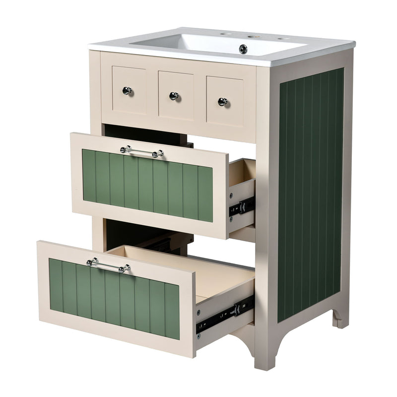 Bathroom Vanity With Ceramic Sink, Bathroom Vanity Cabinet With 2 Drawers, Wooden Bathroom Sink Cabinet - Beige / Green