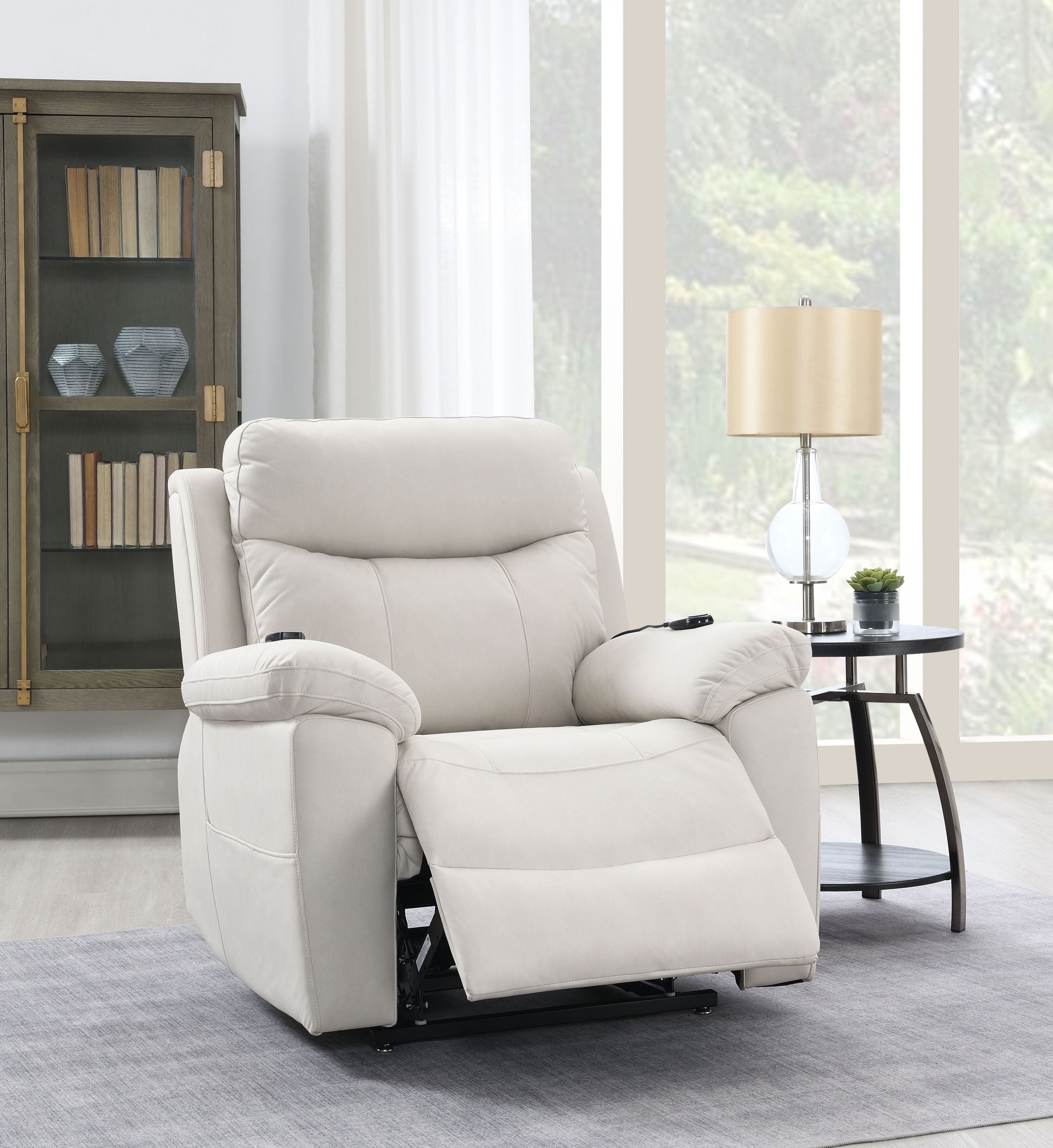 Chriki Beige Polished Microfiber Power Motion Recliner with Lift, Heating & Massage Chair