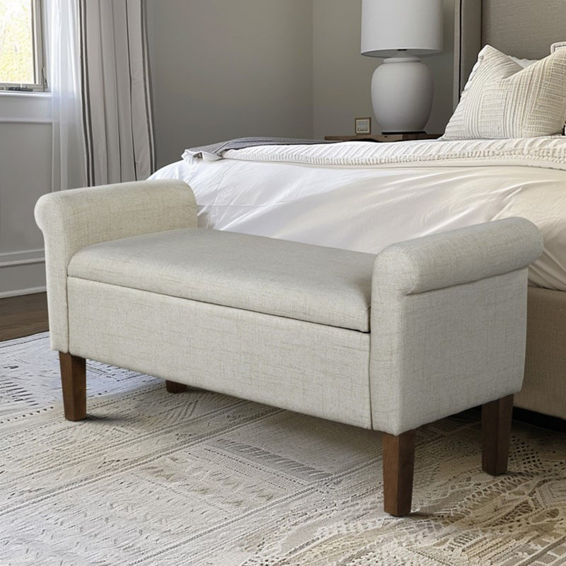 Upholstered Storage Bench With Rolled Armrests
