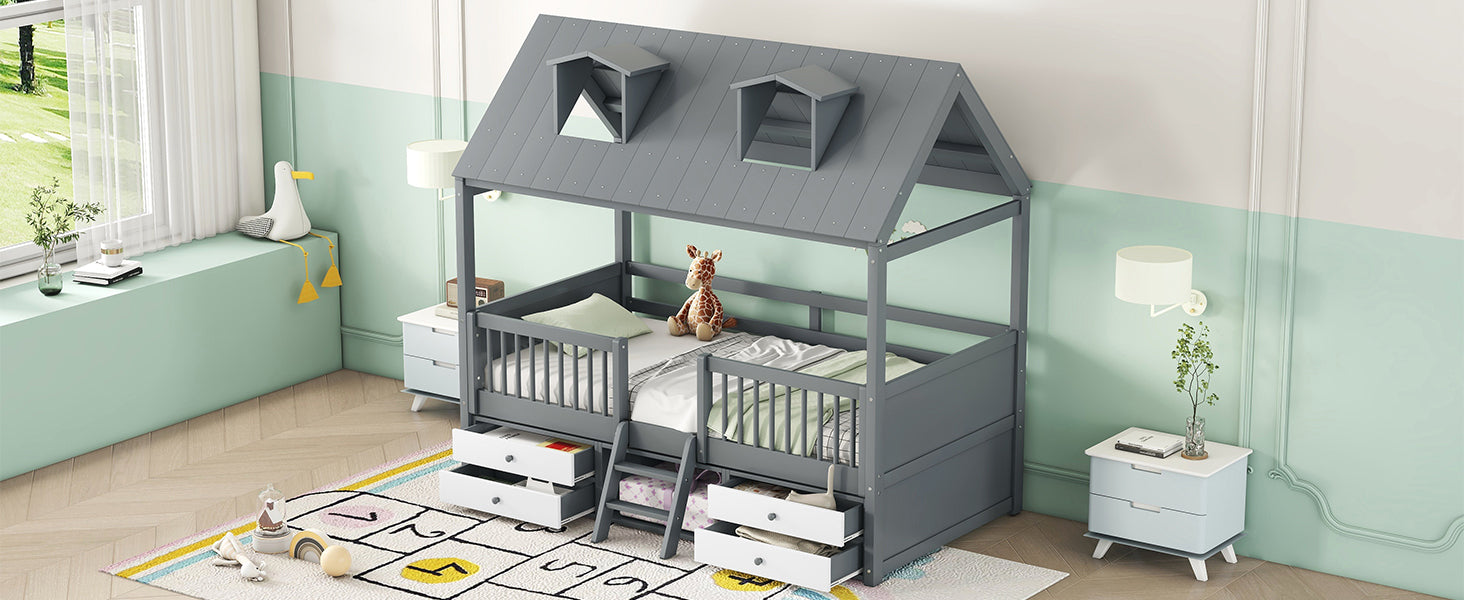 Twin Size Wood Bed House Bed Frame,Gray - Atlantic Fine Furniture Melbourne FL