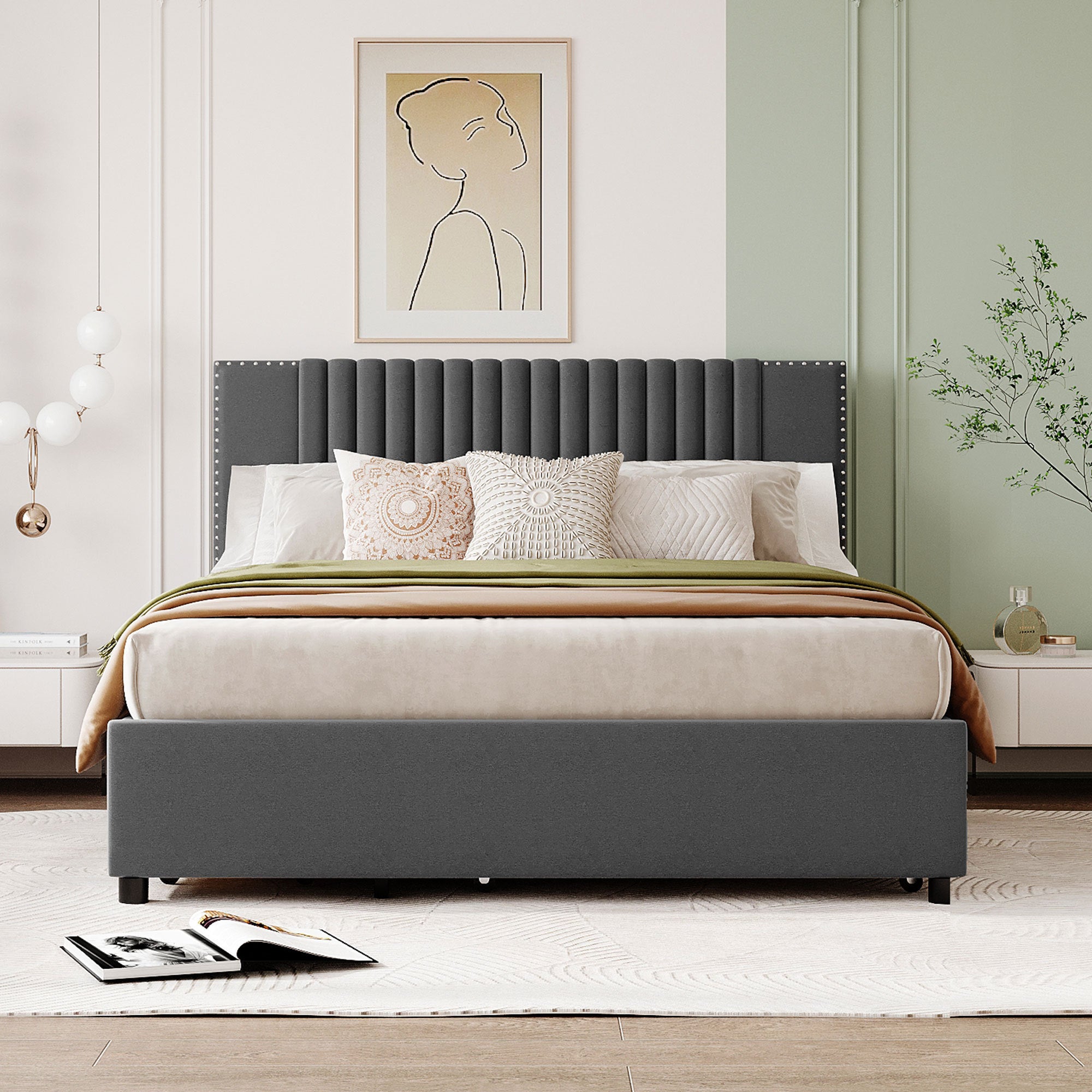 Queen Size Upholstered Platform Bed with 2 Drawers and 1 Twin XL Trundle, Classic Headboard Design, Gray - Atlantic Fine Furniture Melbourne FL