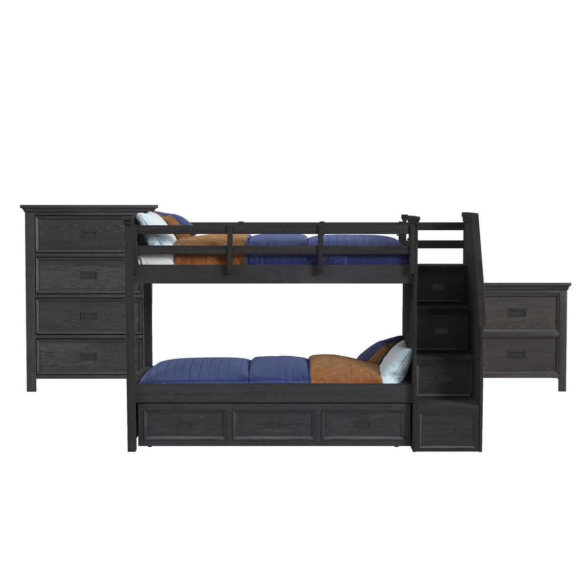 Hampton Kids Bunk With Staircase And Trundle Bedroom Set in Black by Elements International, view 4